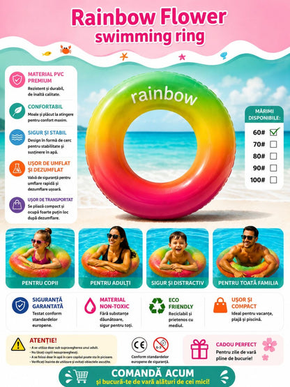 Colac Gonflabil Rainbow 60 cm – Inel de Înot Multicolor pentru Copii, Piscină și Plajă
