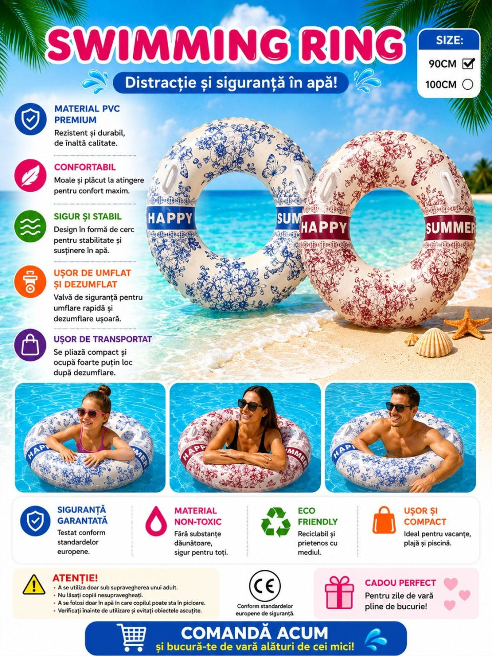 Colac Gonflabil Roșu Happy Summer 90 cm – Colac de Înot pentru Piscină și Plajă