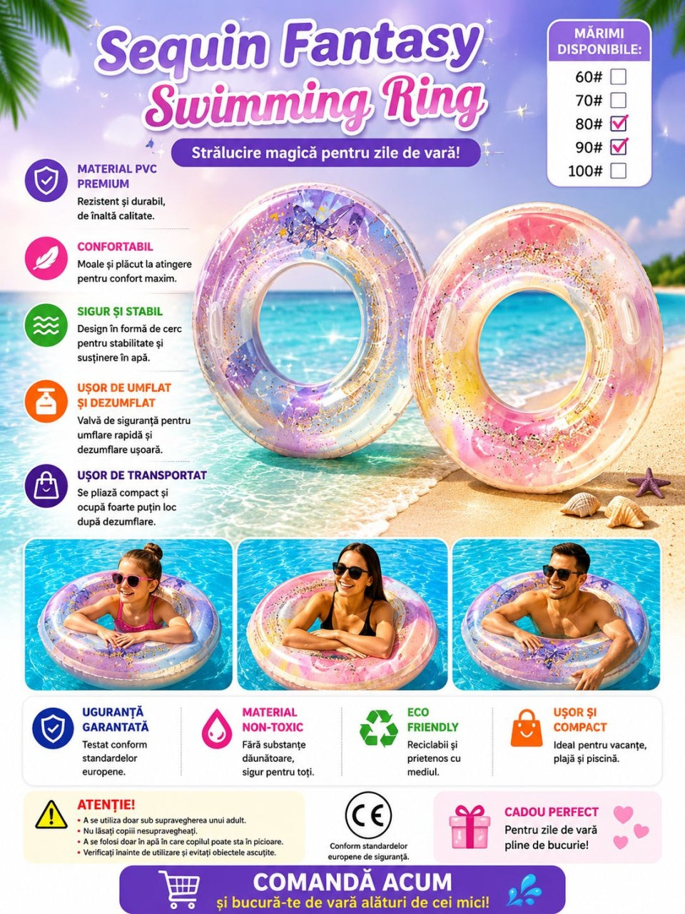 Colac Gonflabil Roz Sequin Fantasy 90 cm – Colac de Înot cu Glitter pentru Piscină și Plajă
