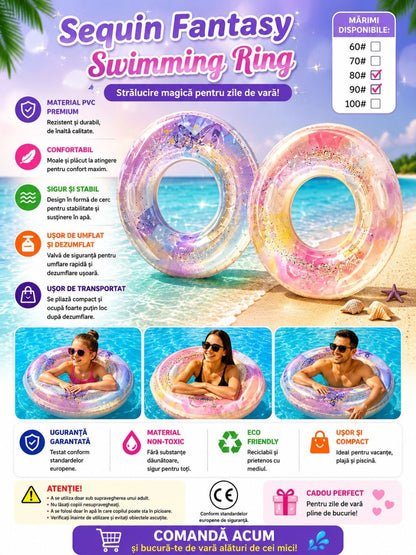 Colac Gonflabil Roz Sequin Fantasy 90 cm – Colac de Înot cu Glitter pentru Piscină și Plajă