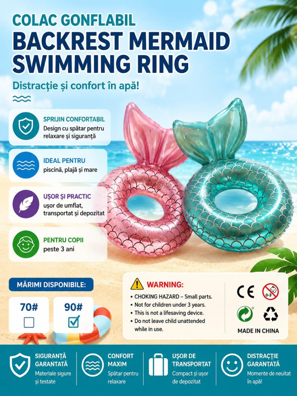 Colac gonflabil sirena turcoaz pentru copii, 90 cm, cu spatar tip coada de sirena, ideal pentru piscina si mare