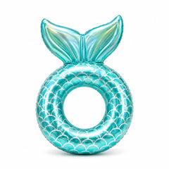 Colac gonflabil sirena turcoaz pentru copii, 90 cm, cu spatar tip coada de sirena, ideal pentru piscina si mare