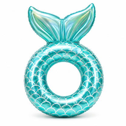 Colac gonflabil sirena turcoaz pentru copii, 90 cm, cu spatar tip coada de sirena, ideal pentru piscina si mare
