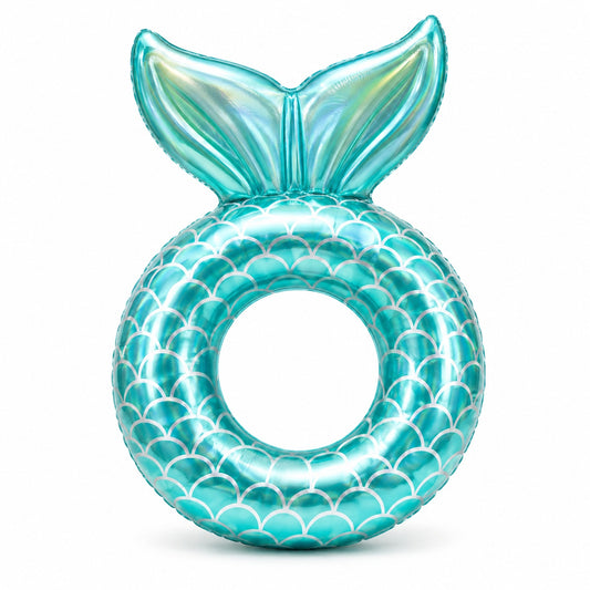 Colac gonflabil sirena turcoaz pentru copii, 90 cm, cu spatar tip coada de sirena, ideal pentru piscina si mare