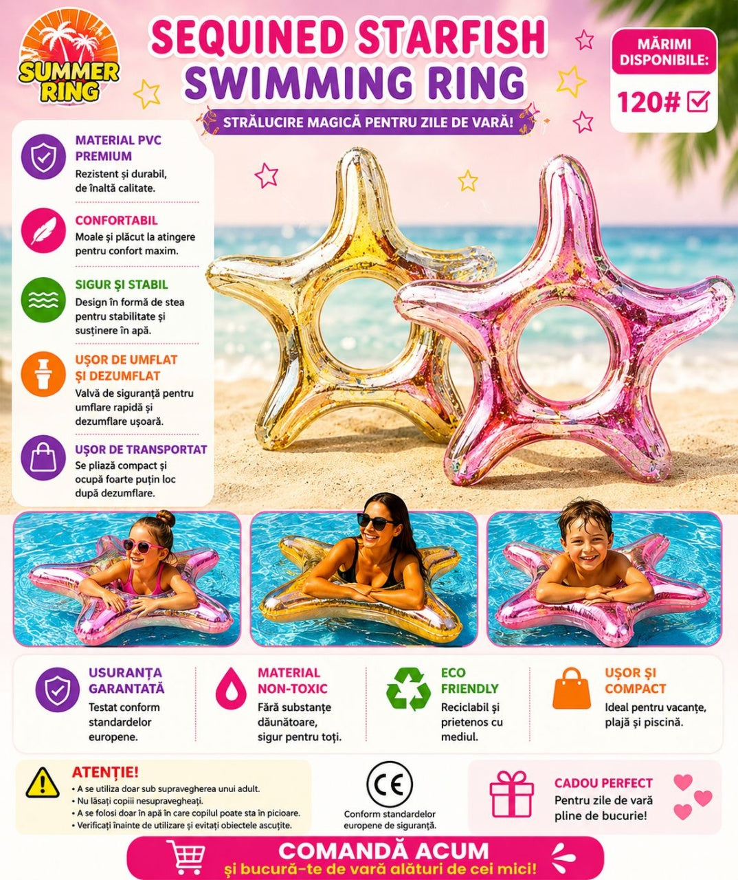 Colac Gonflabil Stea de Mare Roz 120 cm – Colac de Înot Glitter pentru Piscină și Plajă
