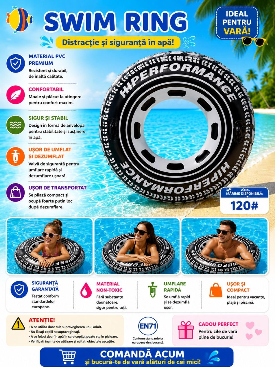 Colac Gonflabil Tip Anvelopă 90 cm – Colac de Înot Negru pentru Piscină, Plajă și Relaxare