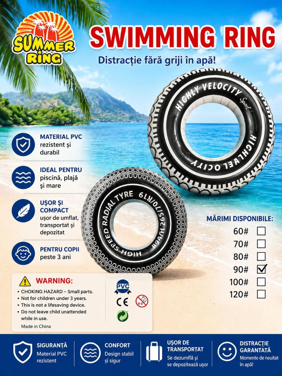 Colac gonflabil tip anvelopa 90 cm pentru piscina si plaja, design sport alb-negru