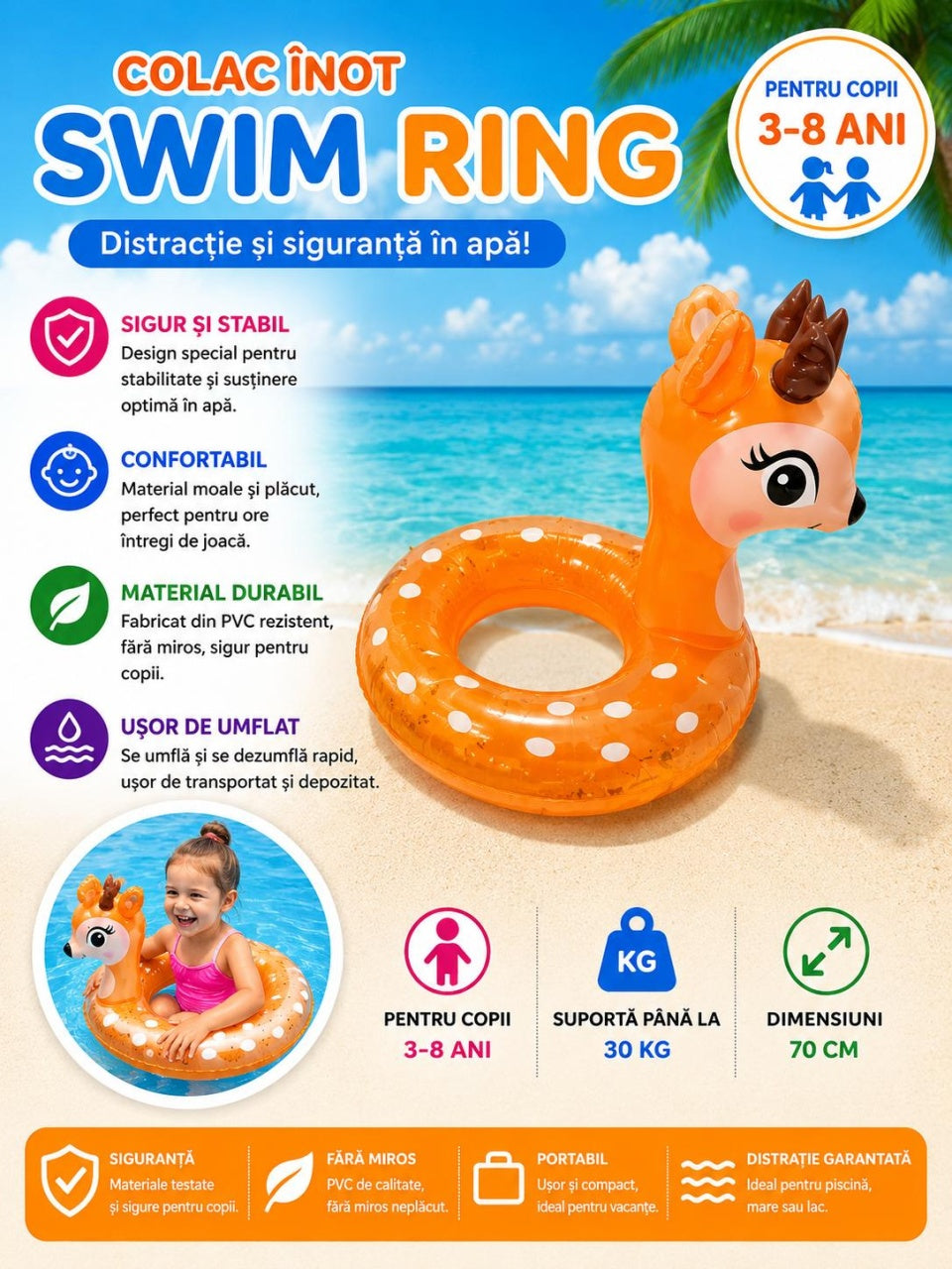 Colac gonflabil tip căprioară pentru copii, 70 cm, cu paiete, ideal pentru piscină și joacă în apă