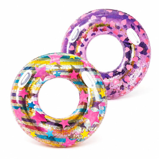 Colac gonflabil transparent pentru copii, 90 cm, model multicolor cu sclipici