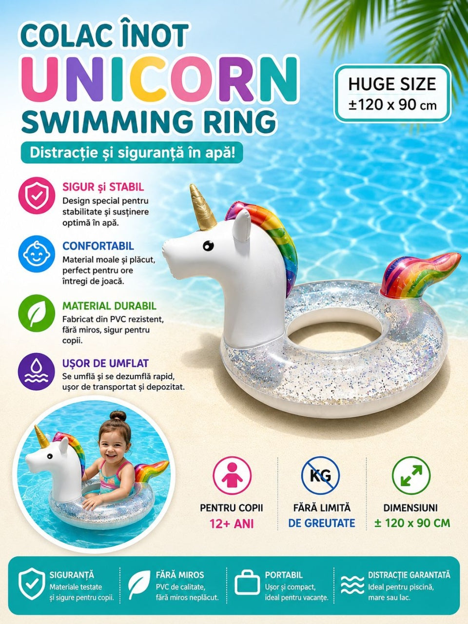 Colac Gonflabil Unicorn cu Sclipici – 120x90 cm, Model XL pentru Piscină și Mare