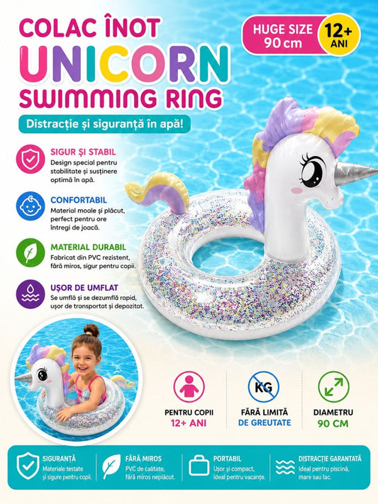 Colac Gonflabil Unicorn cu Sclipici – 90 cm, Model Premium pentru Piscină și Mare