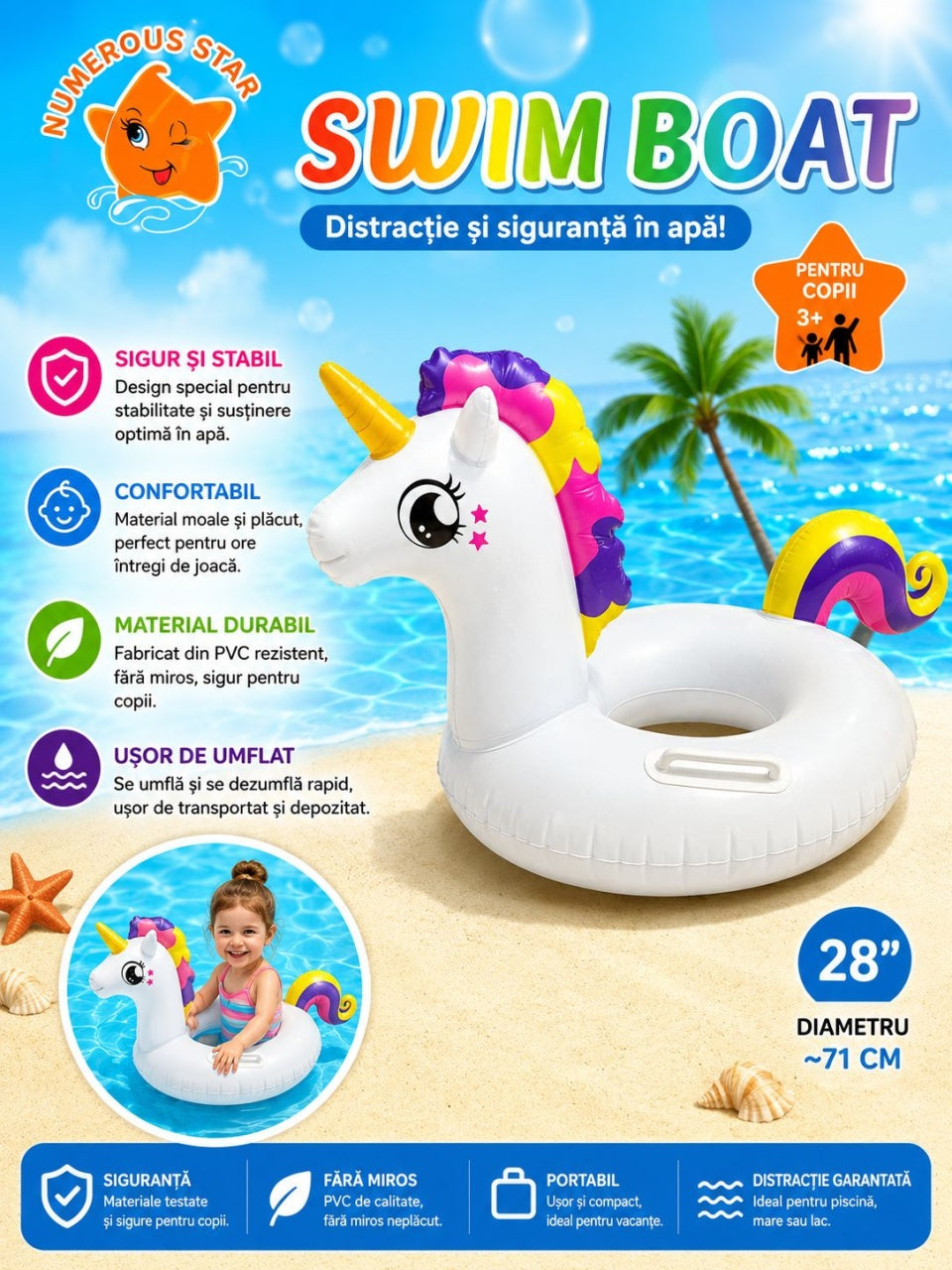 Colac Gonflabil Unicorn pentru Copii – 71 cm, Model Alb cu Coamă Colorată