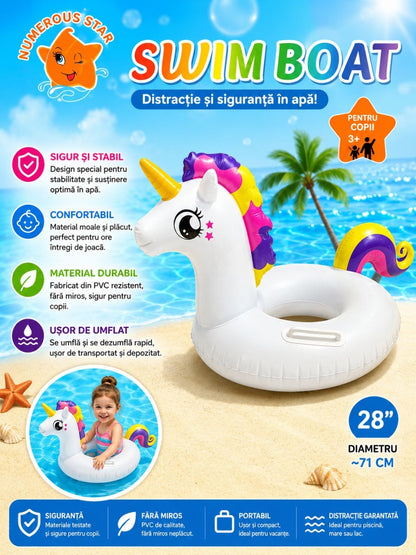 Colac Gonflabil Unicorn pentru Copii – 71 cm, Model Alb cu Coamă Colorată