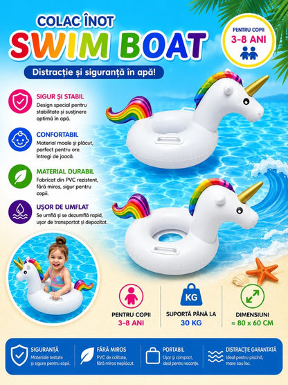 Colac Gonflabil Unicorn pentru Copii – 80x60 cm, Model Alb cu Coamă Curcubeu