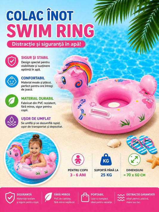 Colac Gonflabil Unicorn Roz pentru Copii – Swim Ring 70x60 cm cu Mânere și Design Adorabil