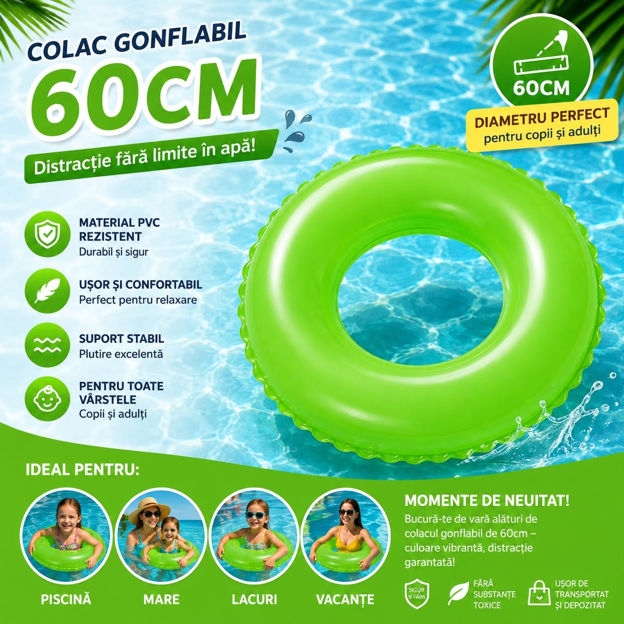 Colac Gonflabil Verde 60 cm pentru Copii și Adulți – Colac de Înot PVC pentru Piscină, Mare și Lac