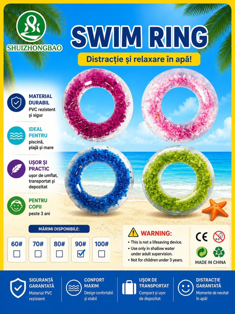 Colac gonflabil verde 90 cm pentru piscina si plaja, design colorat si distractiv