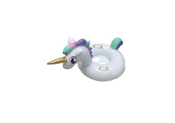Colac inot copii in forma de unicorn alb cu cap 3D, coada si corn auriu, cu manere laterale, gonflabil, ideal pentru piscina, mare sau vacanta de vara,