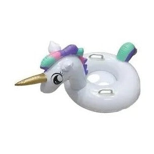 Colac inot copii in forma de unicorn alb cu cap 3D, coada si corn auriu, cu manere laterale, gonflabil, ideal pentru piscina, mare sau vacanta de vara,