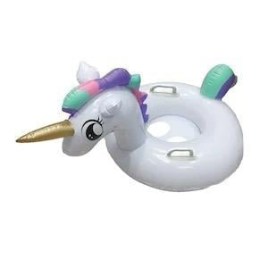 Colac inot copii in forma de unicorn alb cu cap 3D, coada si corn auriu, cu manere laterale, gonflabil, ideal pentru piscina, mare sau vacanta de vara,