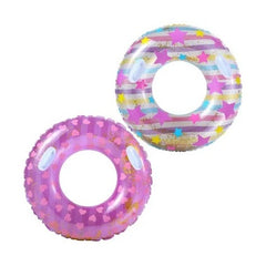 Colac inot gonflabil 90cm cu manere pentru copii si adulti, model colorat cu stele si inimioare, design atractiv cu sclipici, ideal pentru piscina, mare sau vacanta de vara,