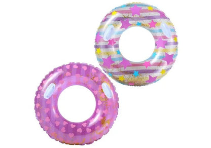 Colac inot gonflabil 90cm cu manere pentru copii si adulti, model colorat cu stele si inimioare, design atractiv cu sclipici, ideal pentru piscina, mare sau vacanta de vara,