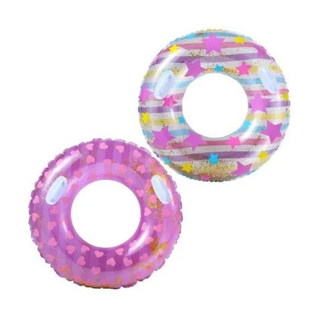 Colac inot gonflabil 90cm cu manere pentru copii si adulti, model colorat cu stele si inimioare, design atractiv cu sclipici, ideal pentru piscina, mare sau vacanta de vara,