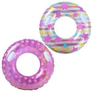 Colac inot gonflabil 90cm cu manere pentru copii si adulti, model colorat cu stele si inimioare, design atractiv cu sclipici, ideal pentru piscina, mare sau vacanta de vara,