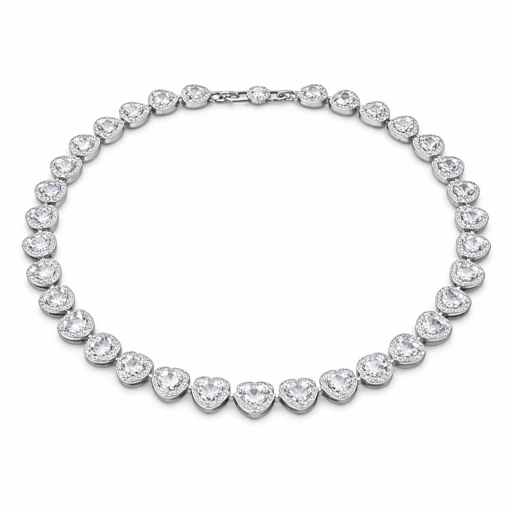 Colier ROXE argintiu elegant cu inimioare din cristale stralucitoare, design romantic premium, 40 cm