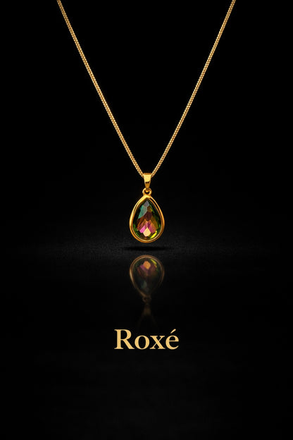 Colier Roxé auriu cu pandantiv lacrima, cristal iridescent, 40 cm, reglabil
