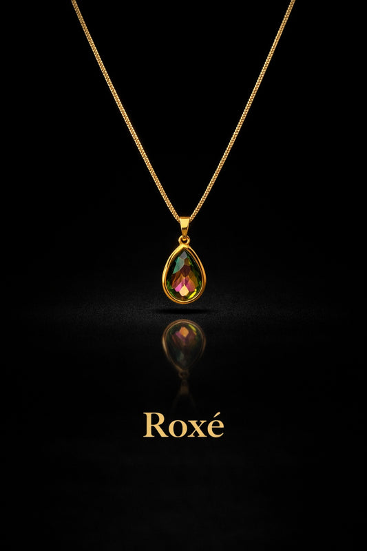 Colier Roxé auriu cu pandantiv lacrima, cristal iridescent, 40 cm, reglabil