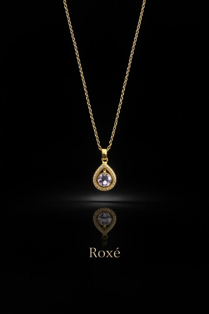 Colier Roxé auriu cu pandantiv lacrimă si cristal, 40 cm, reglabil