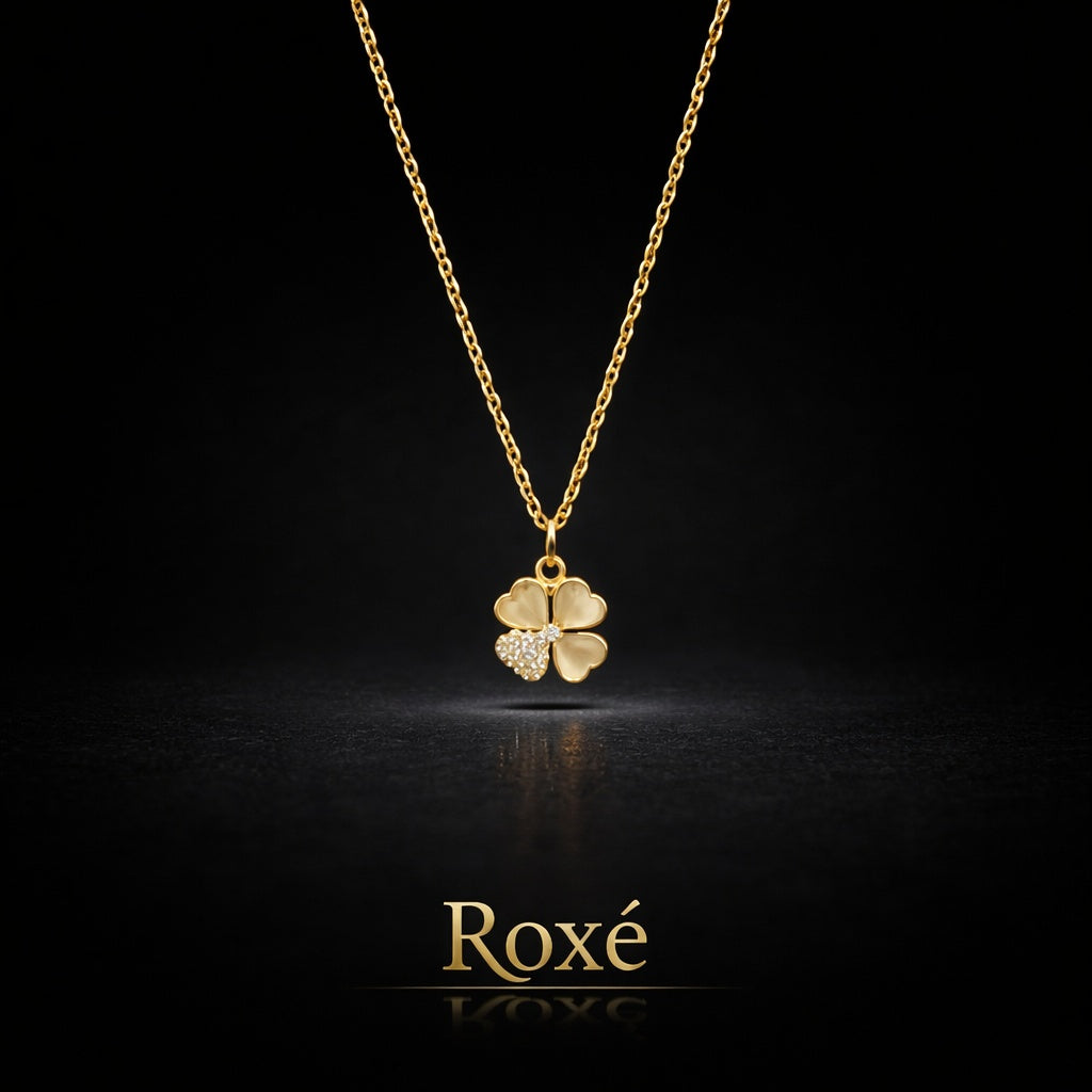 Colier Roxé auriu cu pandantiv trifoi si cristale, material inoxidabil, 40 cm, reglabil