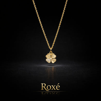 Colier Roxé auriu cu pandantiv trifoi si cristale, material inoxidabil, 40 cm, reglabil