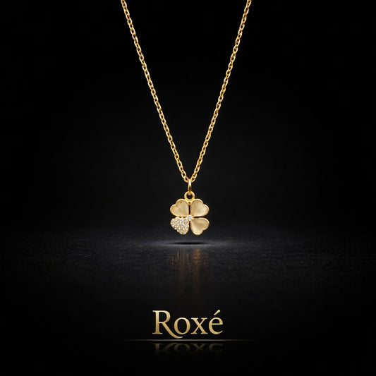 Colier Roxé auriu cu pandantiv trifoi si cristale, material inoxidabil, 40 cm, reglabil