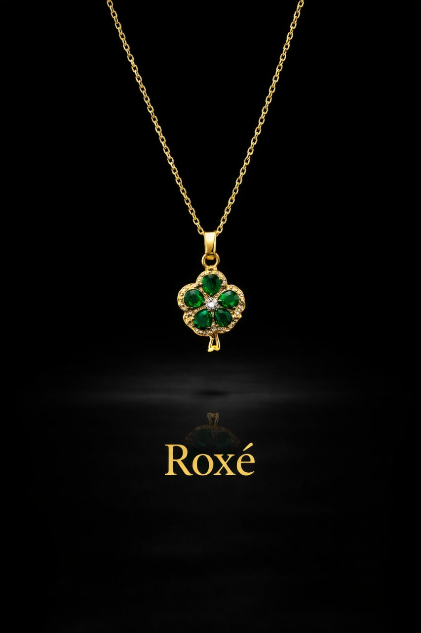 Colier Roxé auriu cu pandantiv trifoi verde cu cristale, 40 cm, reglabil
