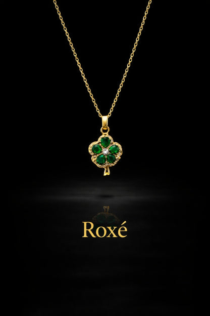 Colier Roxé auriu cu pandantiv trifoi verde cu cristale, 40 cm, reglabil