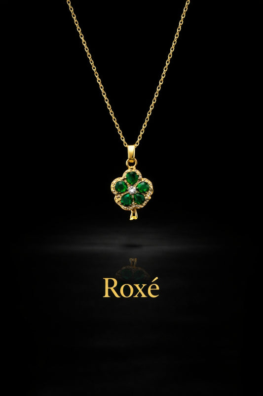 Colier Roxé auriu cu pandantiv trifoi verde cu cristale, 40 cm, reglabil
