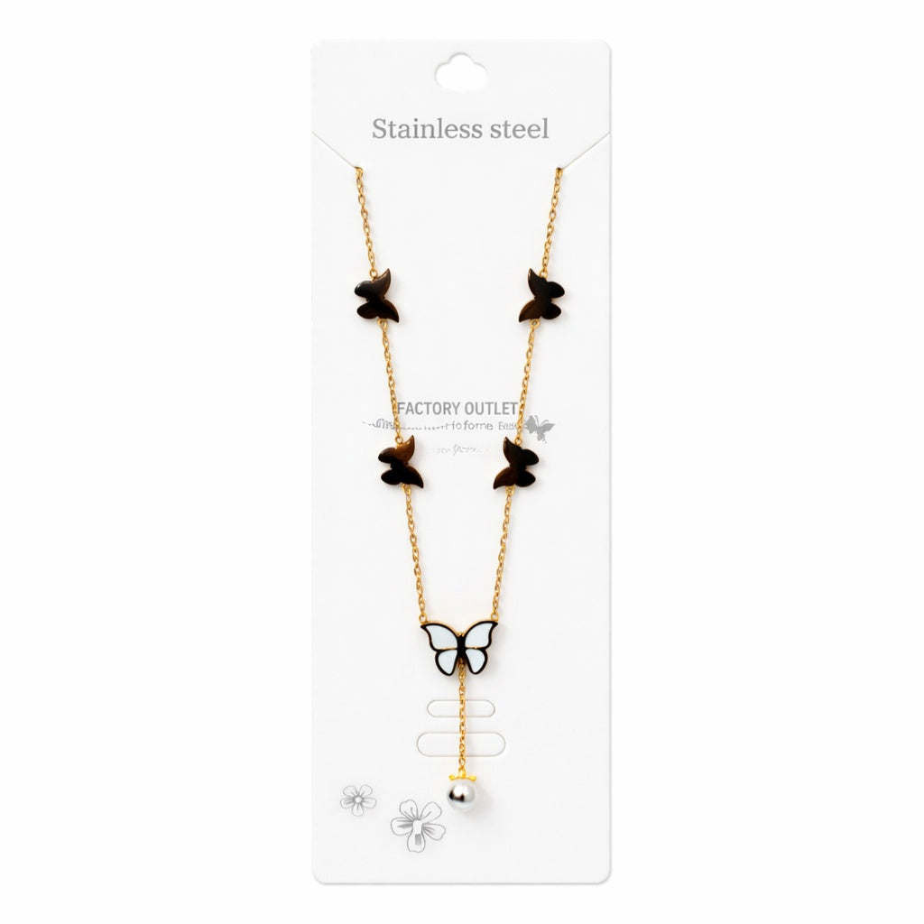 Colier Roxé auriu cu pandantive fluturași și perlă – material inoxidabil, 40 cm, reglabil