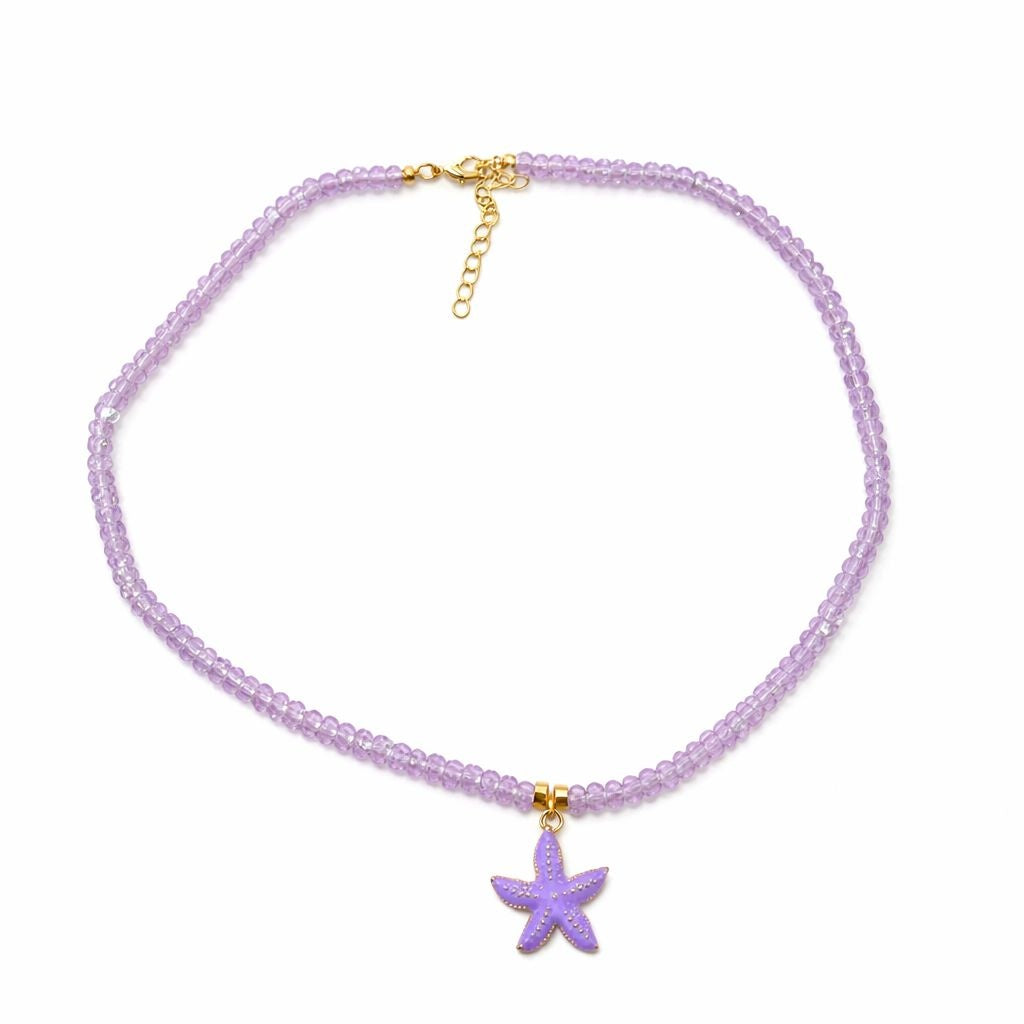 Colier Roxe cu pandantiv stea de mare mov, 40 cm, reglabil – bijuterie elegantă cu mărgele