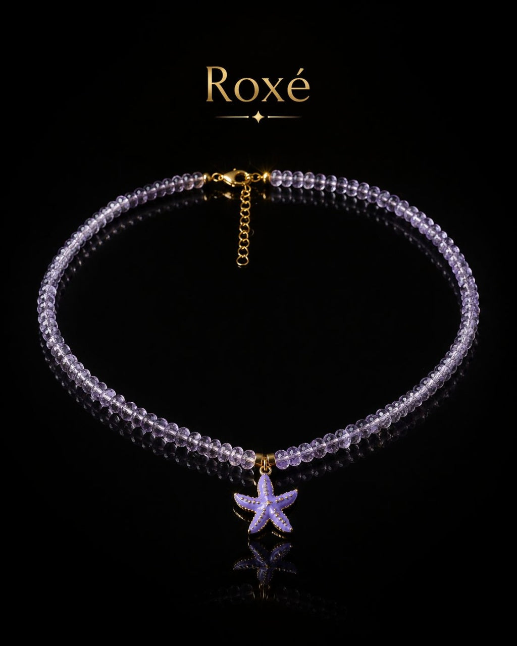 Colier Roxe cu pandantiv stea de mare mov, 40 cm, reglabil – bijuterie elegantă cu mărgele