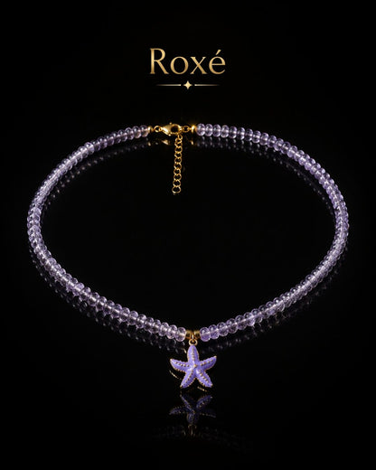 Colier Roxe cu pandantiv stea de mare mov, 40 cm, reglabil – bijuterie elegantă cu mărgele