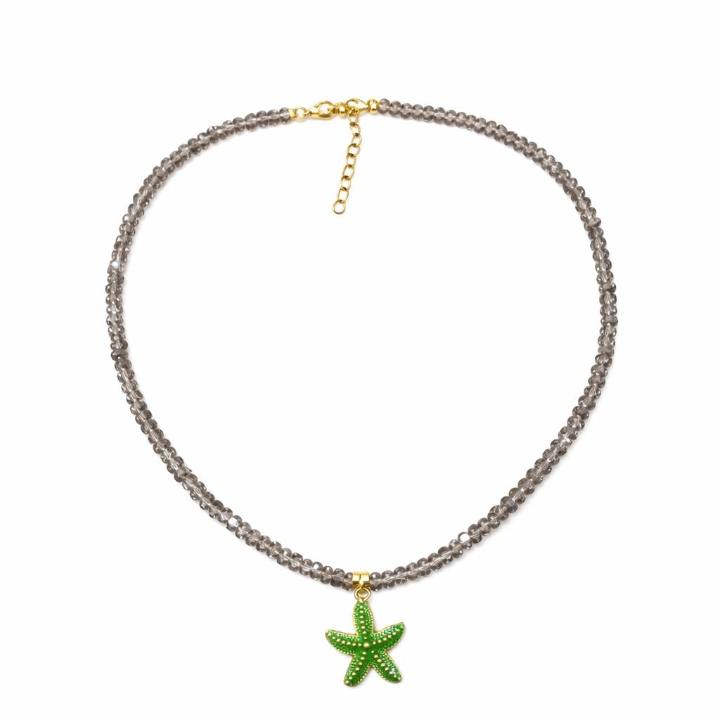 Colier Roxe de vara cu pietricele gri si pandantiv stea de mare verde, reglabil 40 cm