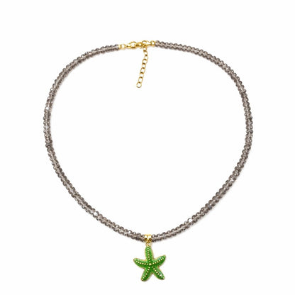 Colier Roxe de vara cu pietricele gri si pandantiv stea de mare verde, reglabil 40 cm