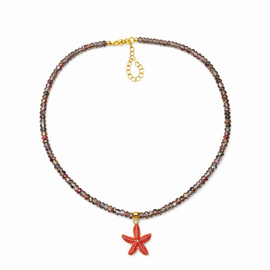 Colier Roxe de vara cu pietricele multicolore si pandantiv stea de mare rosie, reglabil 40 cm