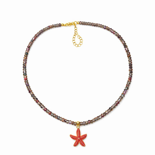 Colier Roxe de vara cu pietricele multicolore si pandantiv stea de mare rosie, reglabil 40 cm