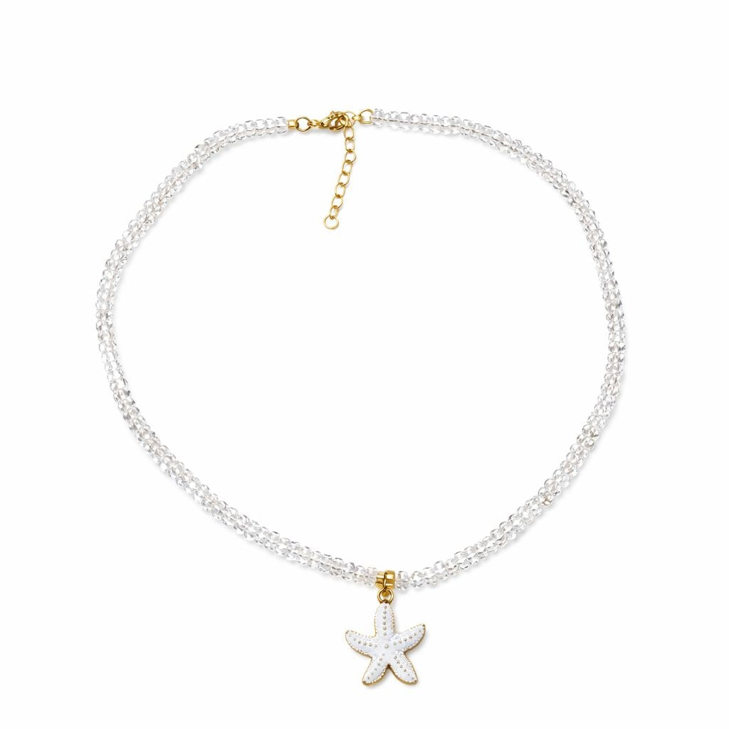 Colier Roxe de vara cu pietricele transparente si pandantiv stea de mare alba, reglabil 40 cm