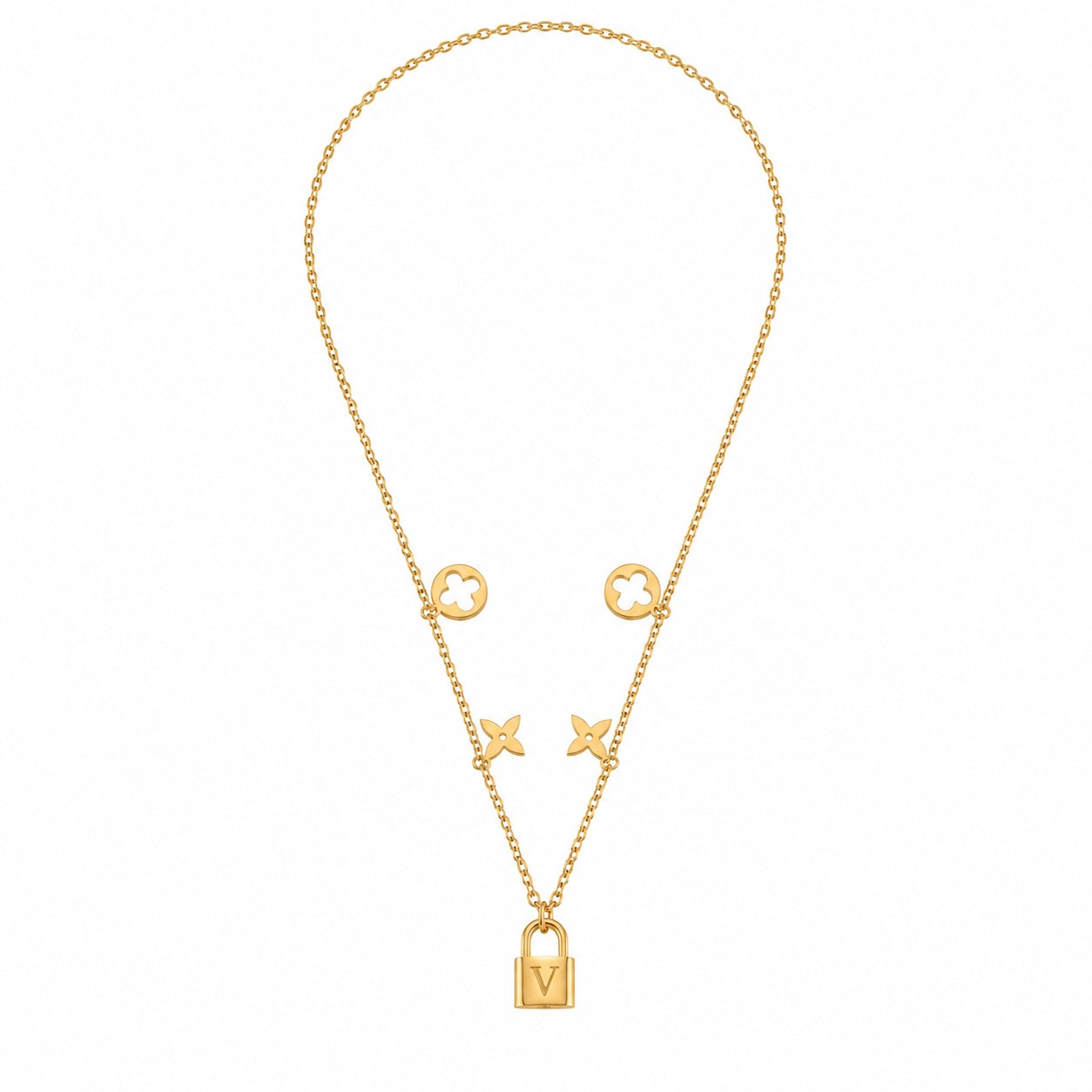 Colier ROXE Golden Lock Elegance – lanț dublu cu simboluri și pandantiv lacăt, design premium, 45 cm