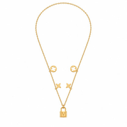 Colier ROXE Golden Lock Elegance – lanț dublu cu simboluri și pandantiv lacăt, design premium, 45 cm