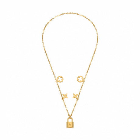 Colier ROXE Golden Lock Elegance – lanț dublu cu simboluri și pandantiv lacăt, design premium, 45 cm